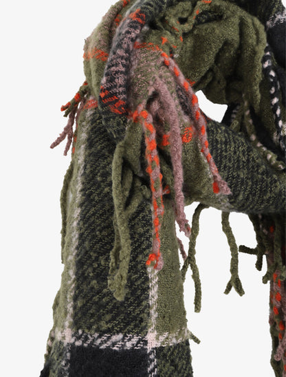 Echarpe à carreaux et franges - Vert olive - 3