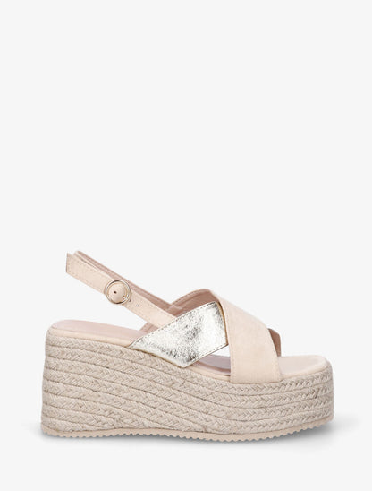 Sandales croisées bi-matière à talon compensé - Beige - 1