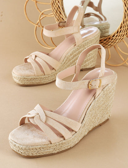 Sandales en suédine à talon compensé - Beige - 1