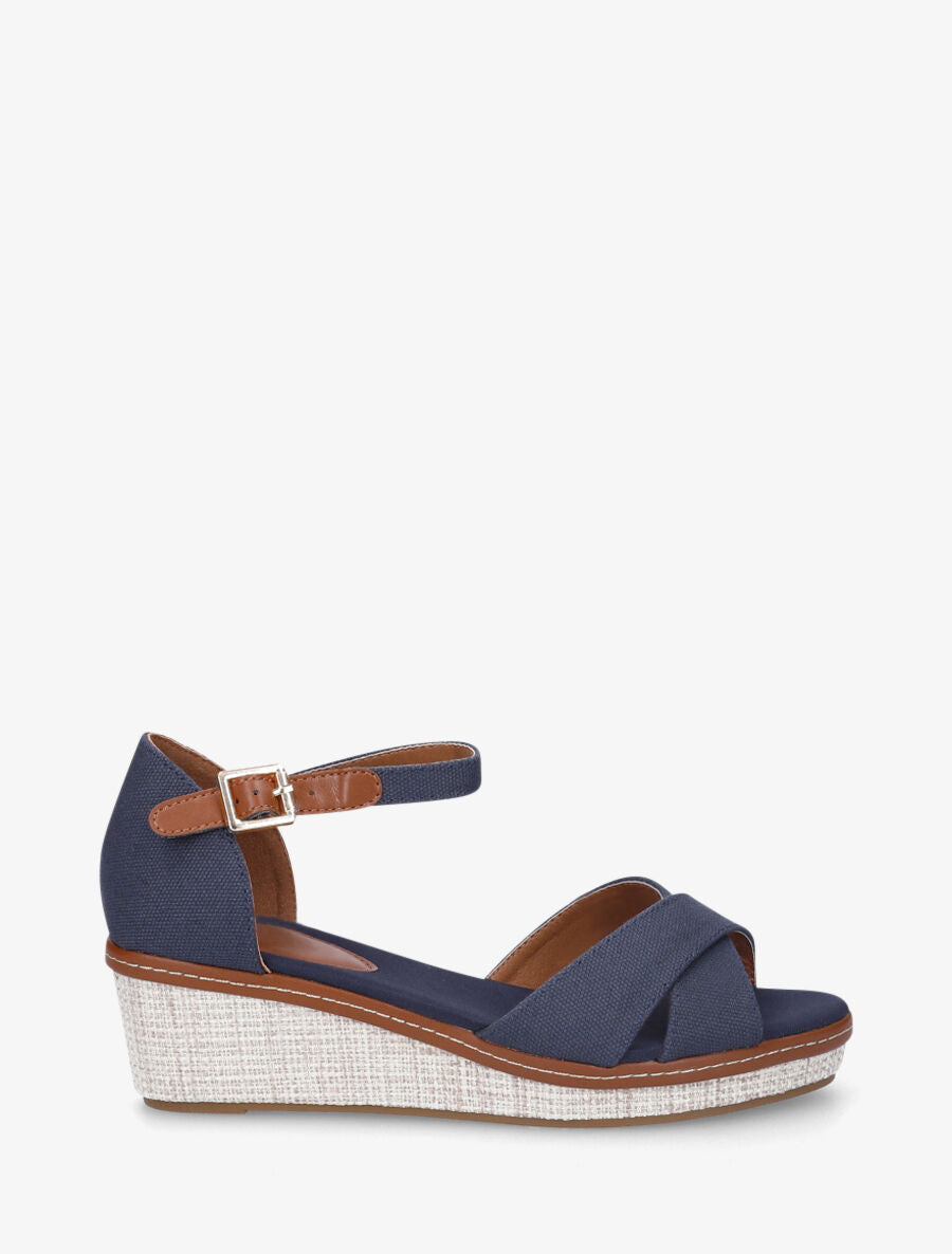 Sandales compensées bride croisées en tissu - Marine - 5