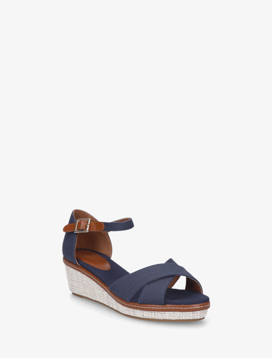 Sandales compensées bride croisées en tissu - Marine - 2