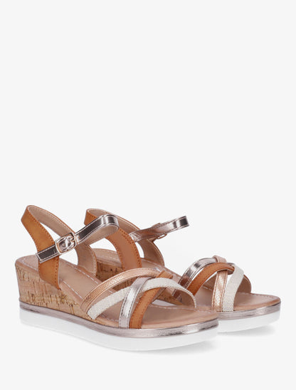 Sandales compensées à brides fantaisies - Camel - 4