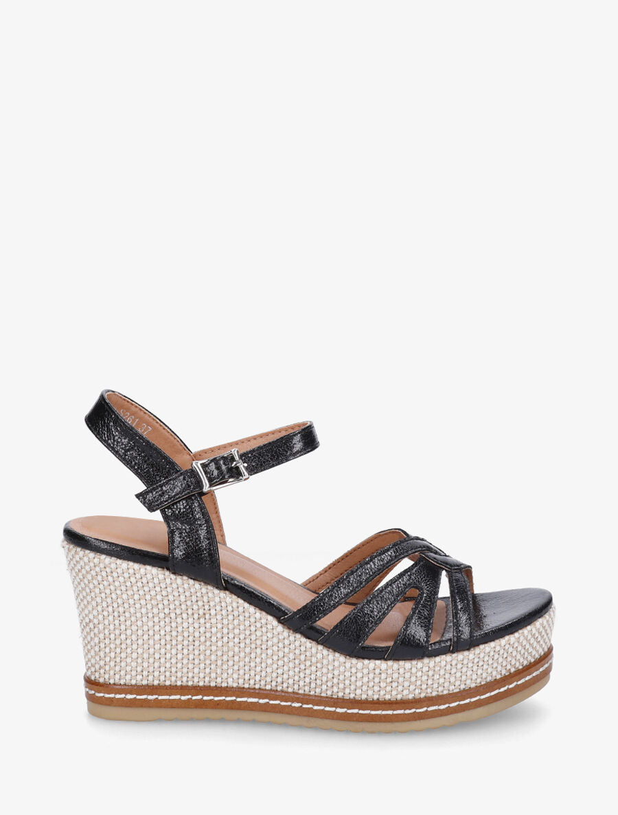 Sandales en simili à talon compensé tissé - Noir - 1