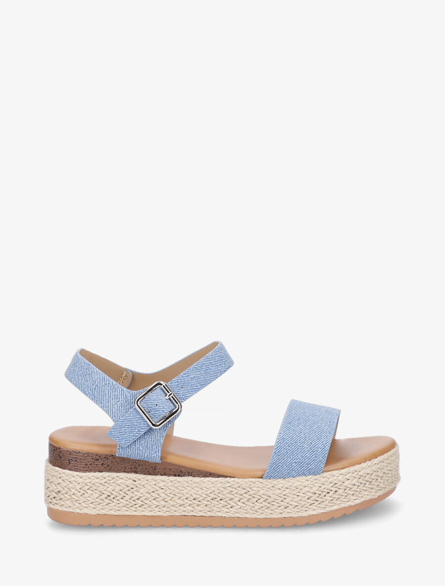Sandales compensées à brides en tissu - Bleu denim - 1