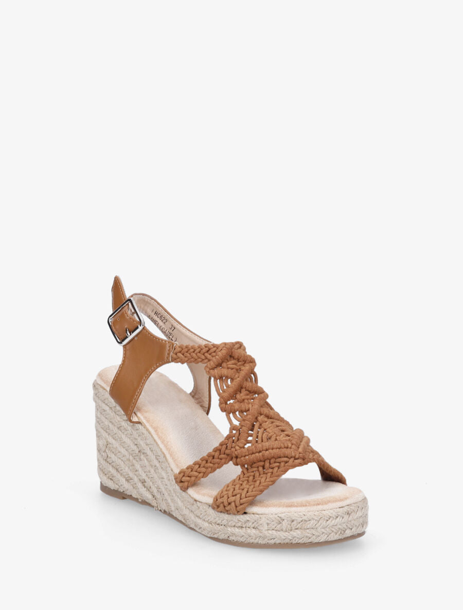 Sandales bi-matière et semelle en raphia - Camel - 3