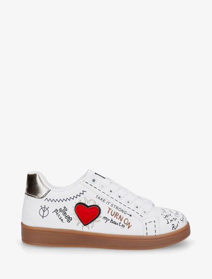 Sneakers en simili à flocage et empiècement coeur - Blanc - 1