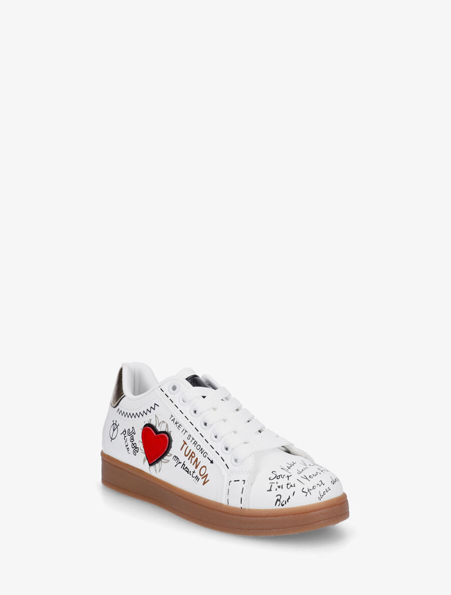 Sneakers en simili à flocage et empiècement coeur - Blanc - 2