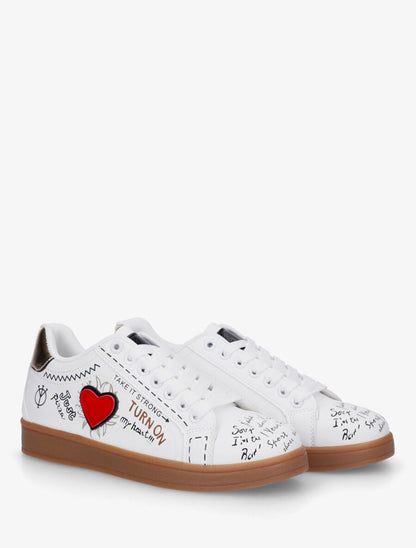 Sneakers en simili à flocage et empiècement coeur - Blanc - 4