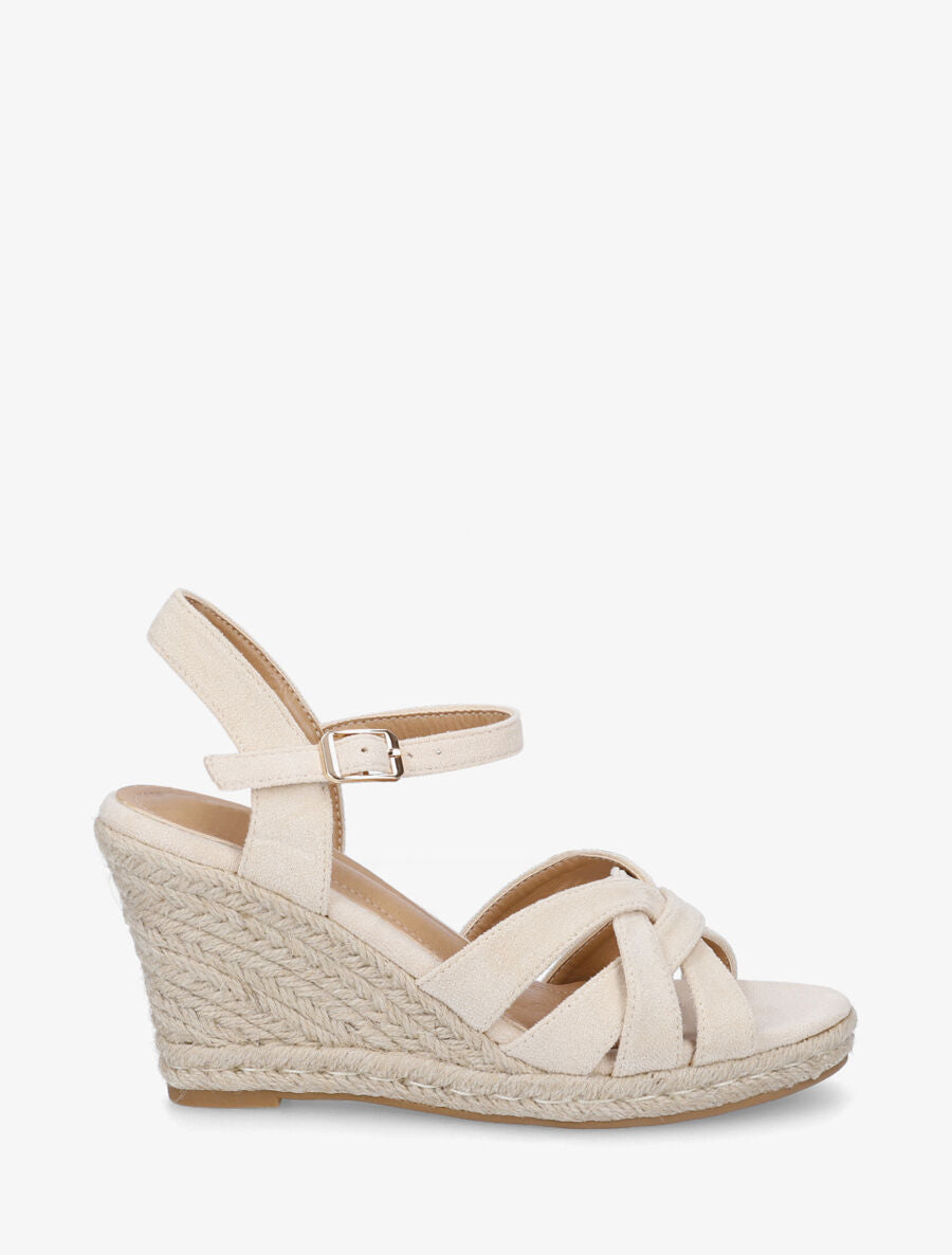 Sandales compensées en suédine à lanières croisées - Beige - 1