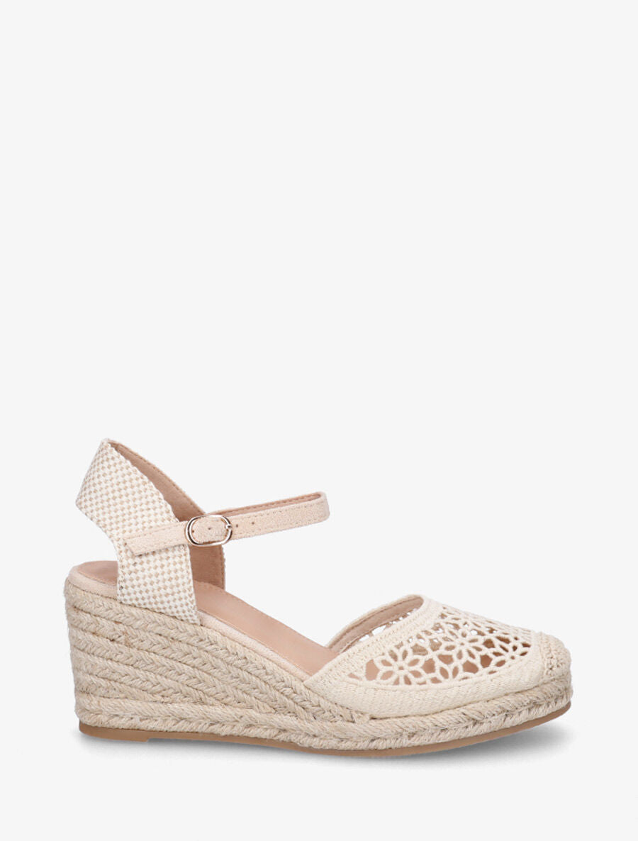 Sandales compensées ajourées à contrefort imprimé damier - Beige - 1