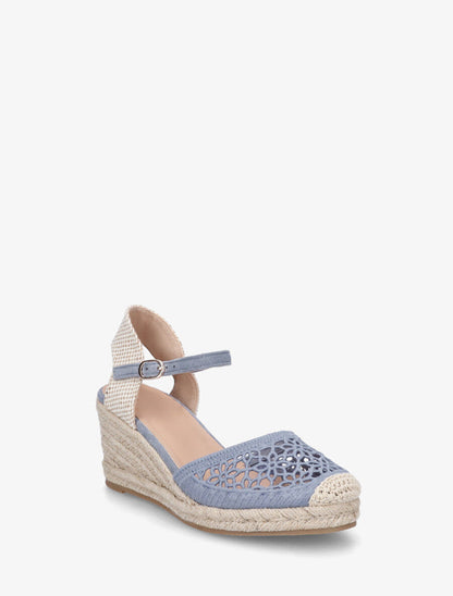 Sandales compensées ajourées à contrefort imprimé damier - Bleu - 2