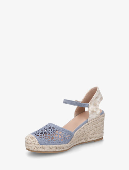 Sandales compensées ajourées à contrefort imprimé damier - Bleu - 3