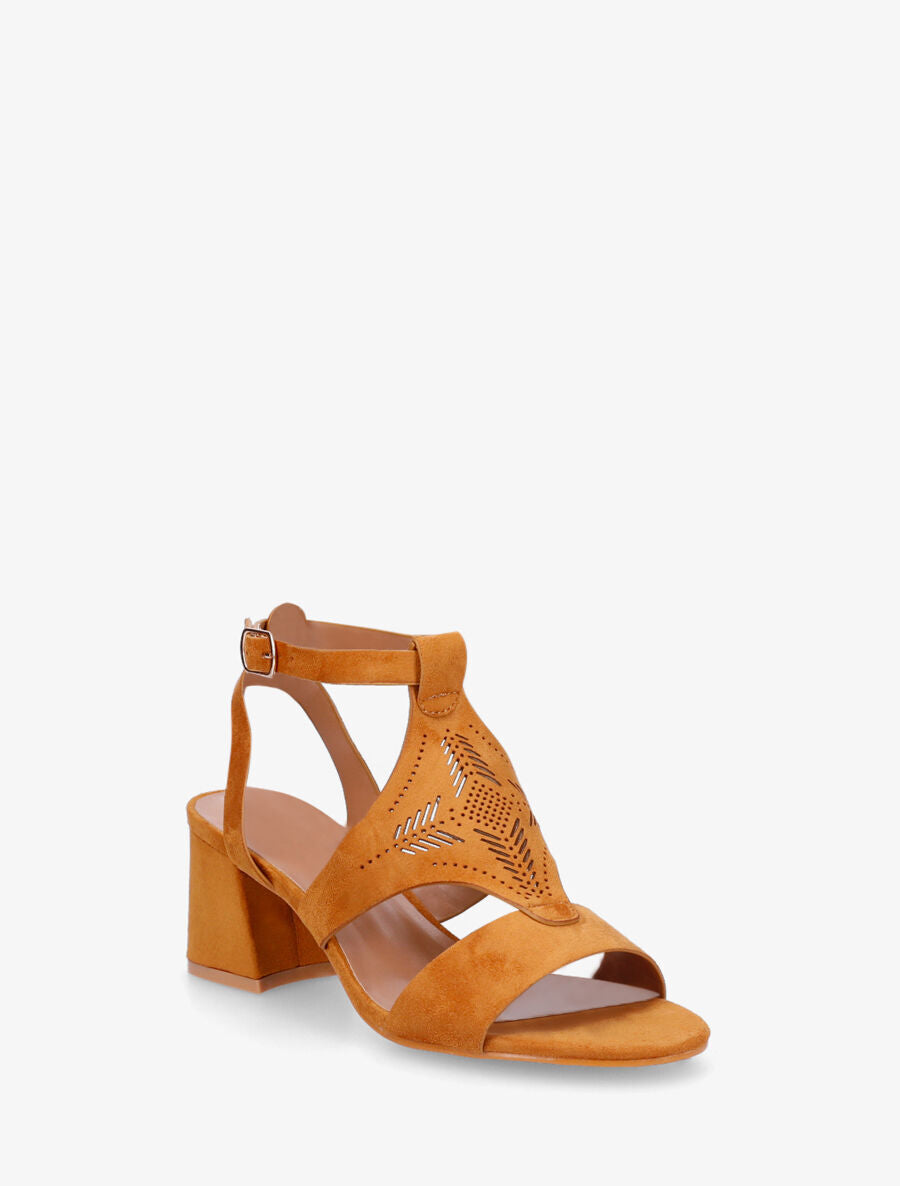 Sandales à talon et motifs ajourés - Camel - 2