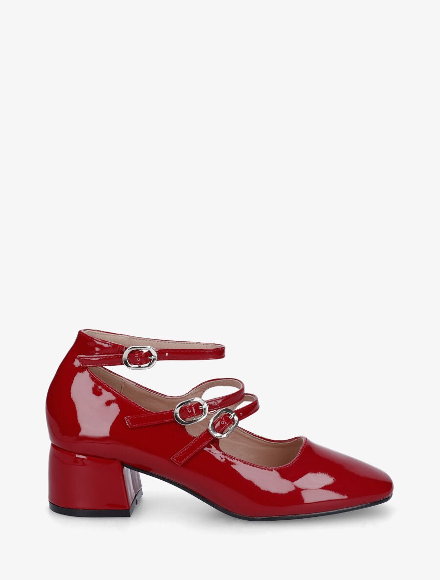 Escarpins vernis à triples brides à boucles - Rouge - 5