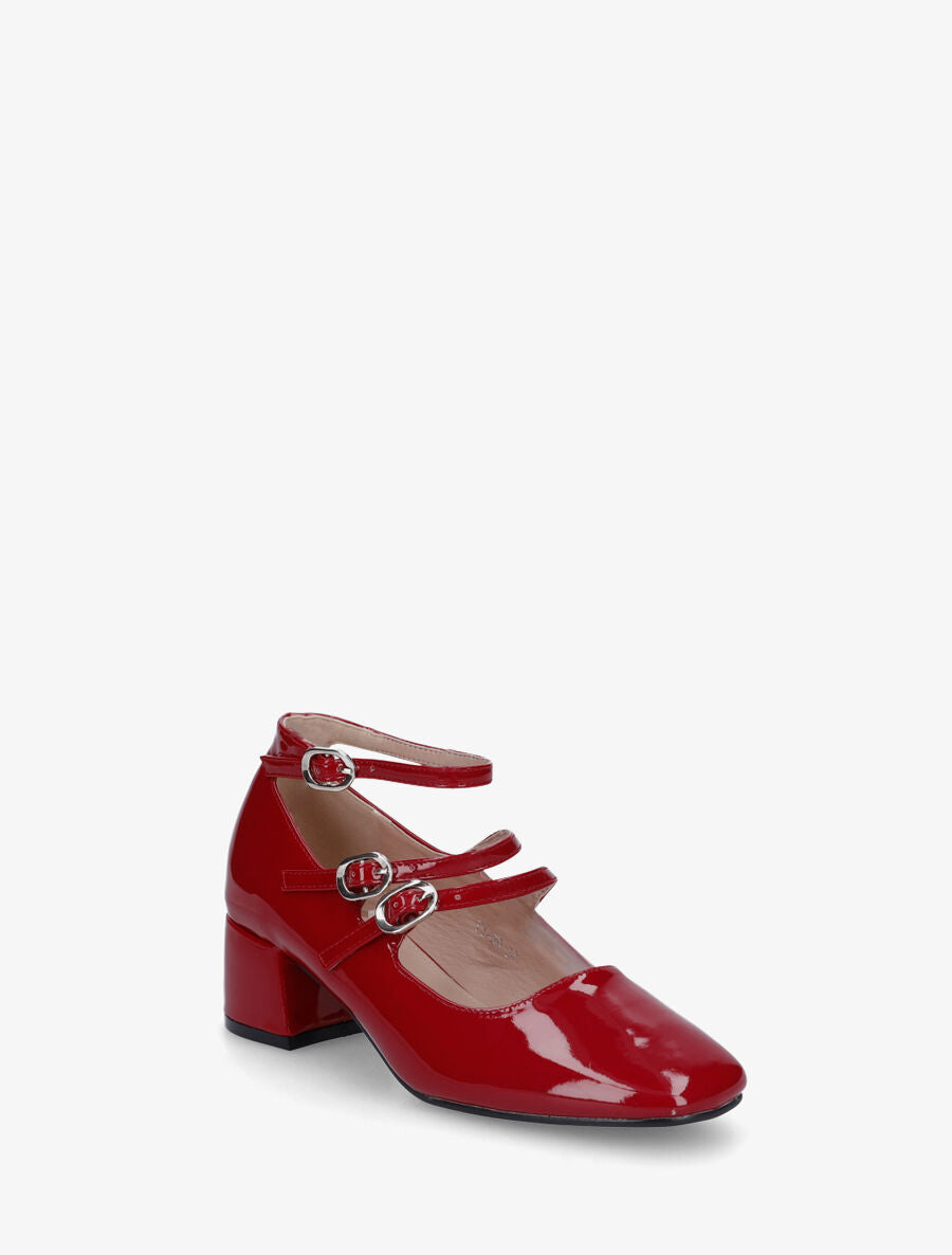 Escarpins vernis à triples brides à boucles - Rouge - 2