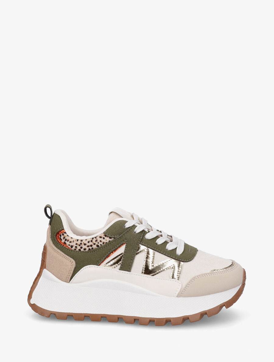 Sneakers à plateforme et bi-matière - Kaki - 5