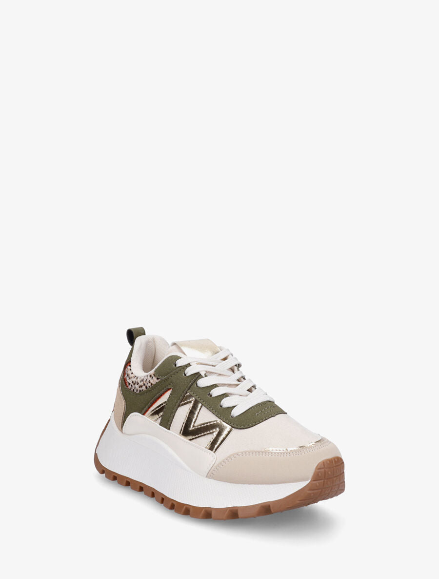 Sneakers à plateforme et bi-matière - Kaki - 2