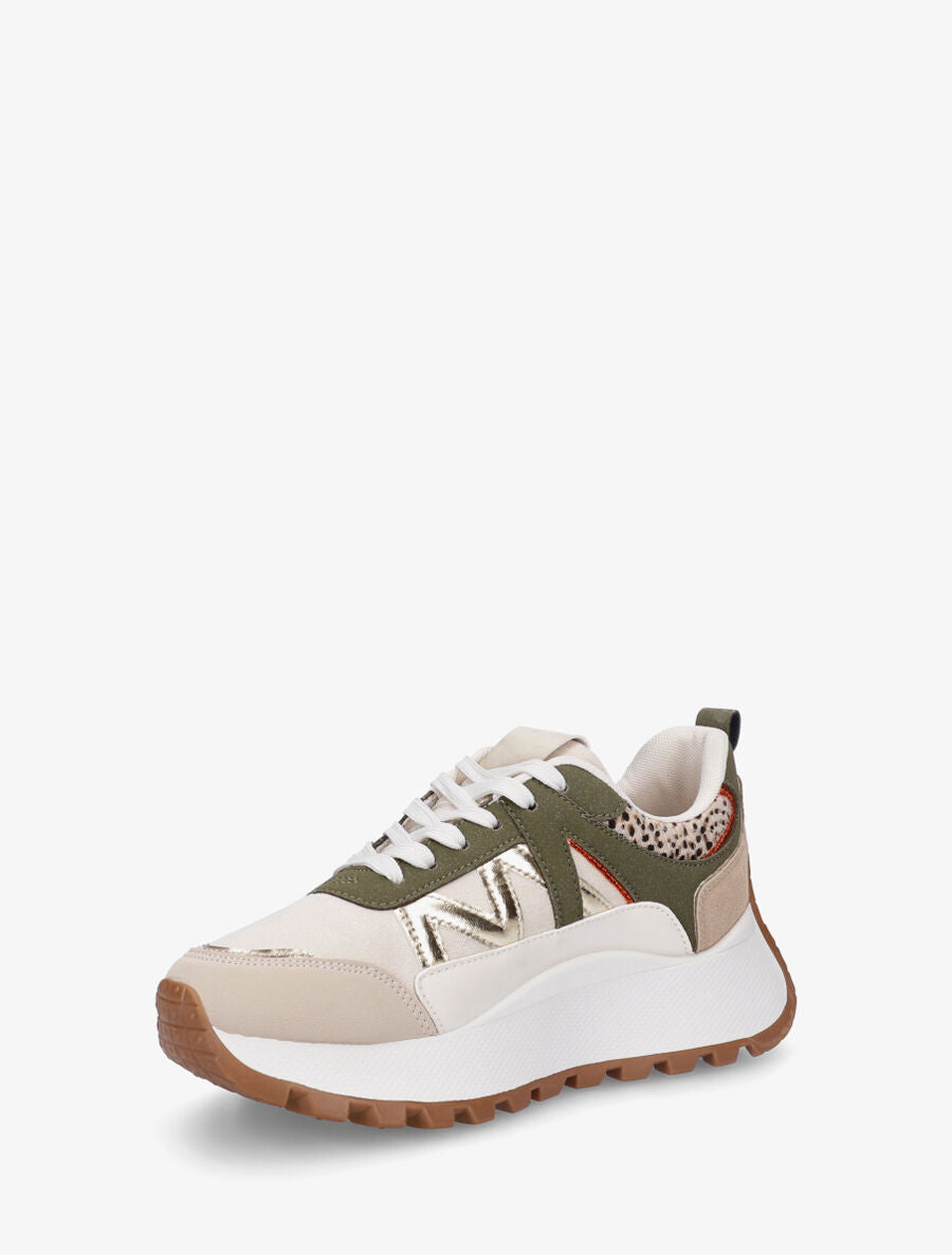 Sneakers à plateforme et bi-matière - Kaki - 3
