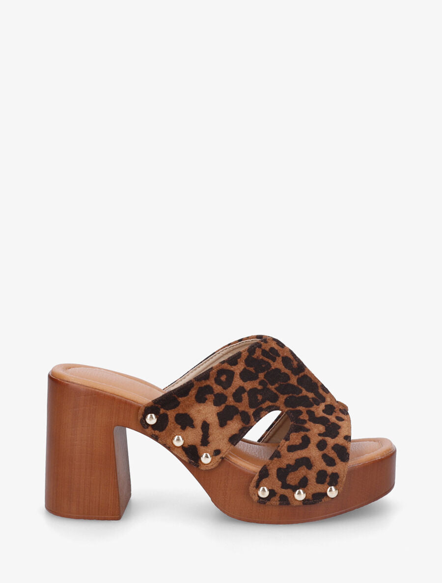 Mules style sabot en suédine imprimé léopard - Camel - 5