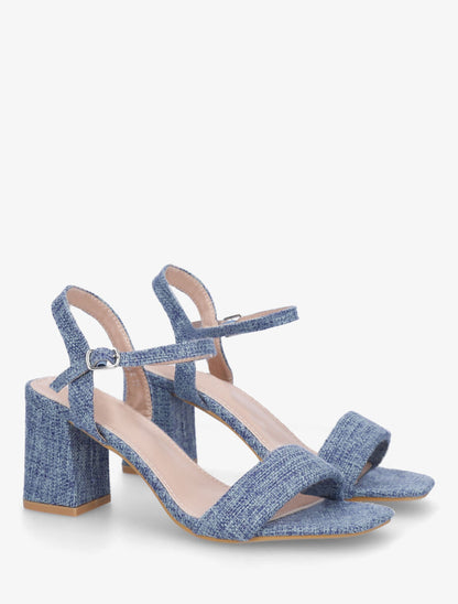 Sandales en tissu à talon carré - Bleu - 4
