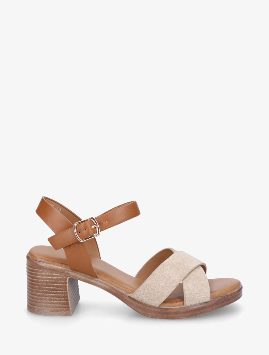 Sandales à talon en suédine et simili - Taupe - 5