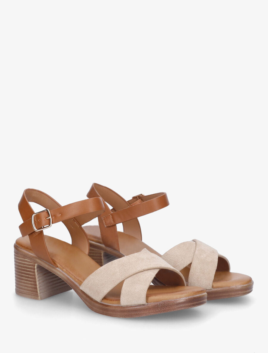 Sandales à talon en suédine et simili - Taupe - 4