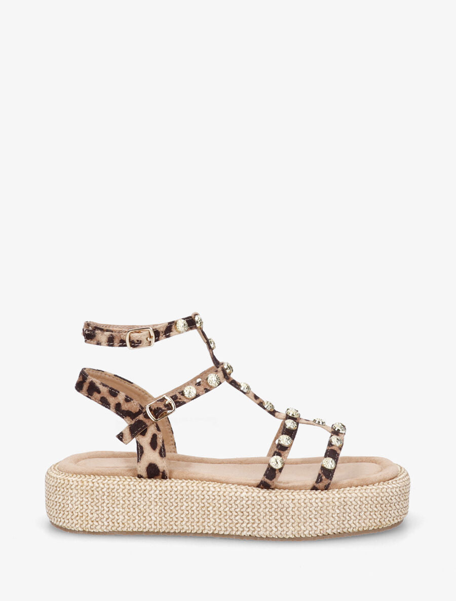 Sandales style spartiates cloutés imprimé léopard - Camel - 1