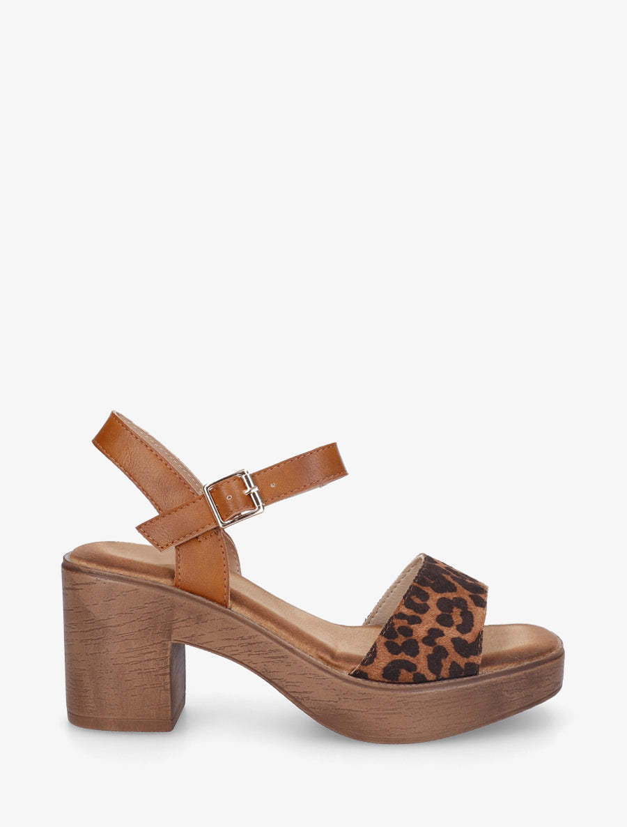 Sandales léopard à talon effet bois - Camel - 1
