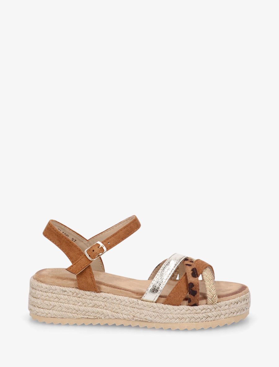 Sandales compensées multibride fantaisie - Camel - 1