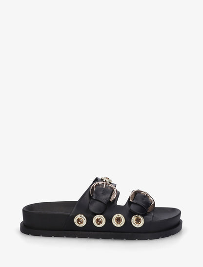 Claquettes en simili à empiècement bijoux strassés - Noir - 1