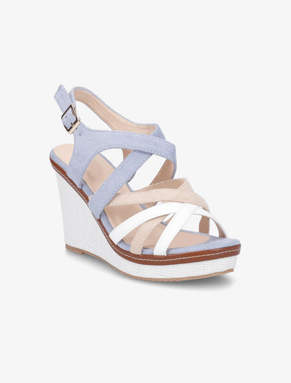 Sandales compensées en suédine et simili - Bleu - 2