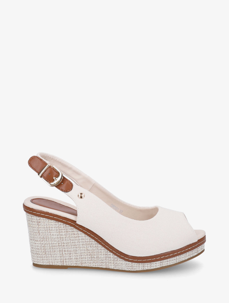 Sandales compensées peep toe en tissu - Écru - 1