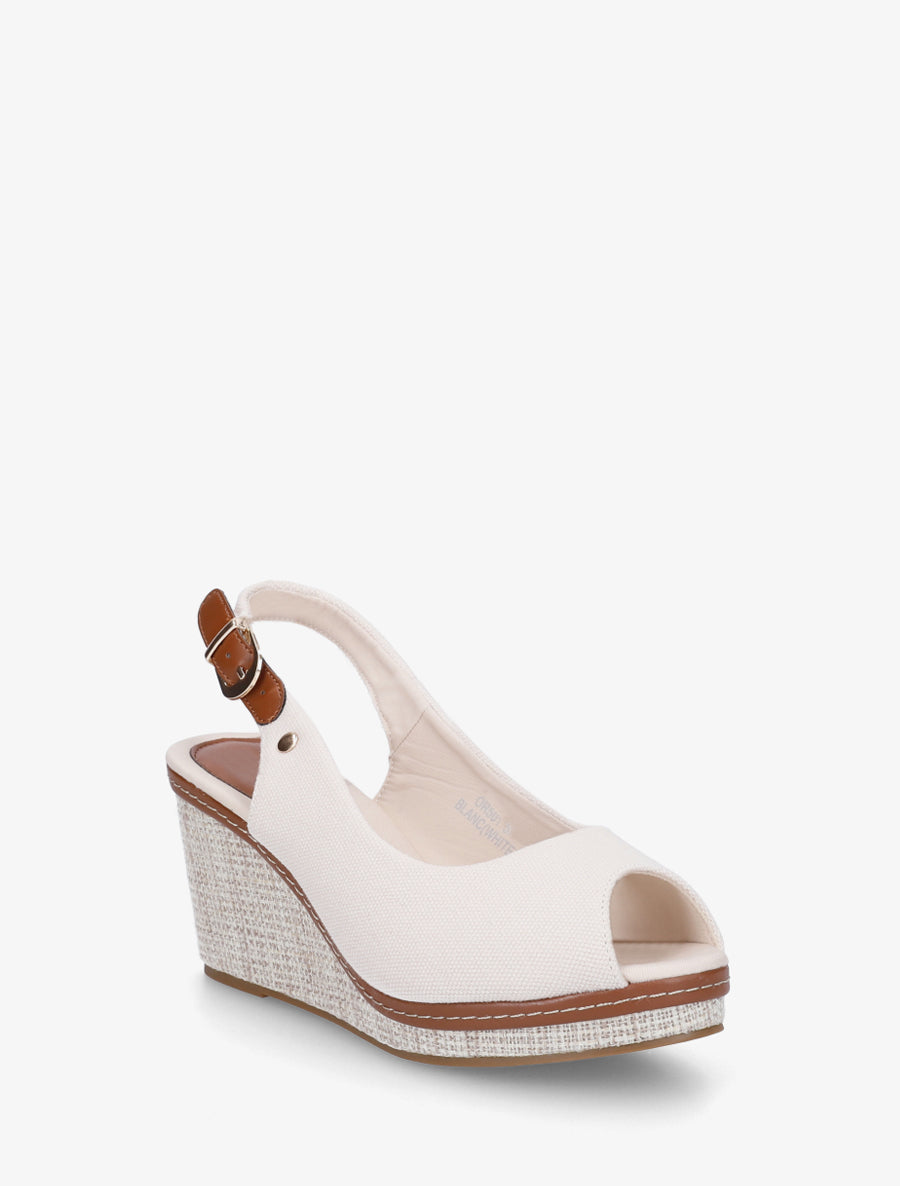 Sandales compensées peep toe en tissu - Écru - 2
