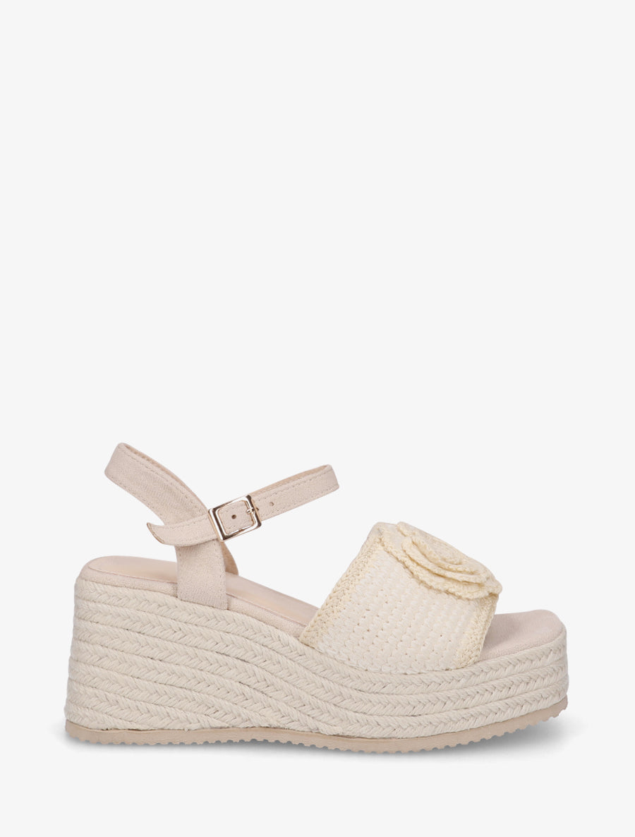 Sandales compensées à fleur - Beige - 1