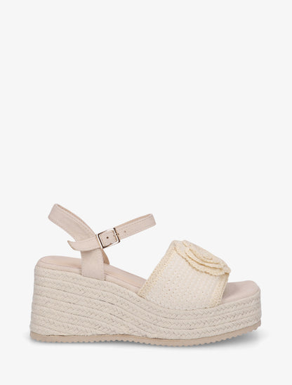 Sandales compensées à fleur - Beige - 1