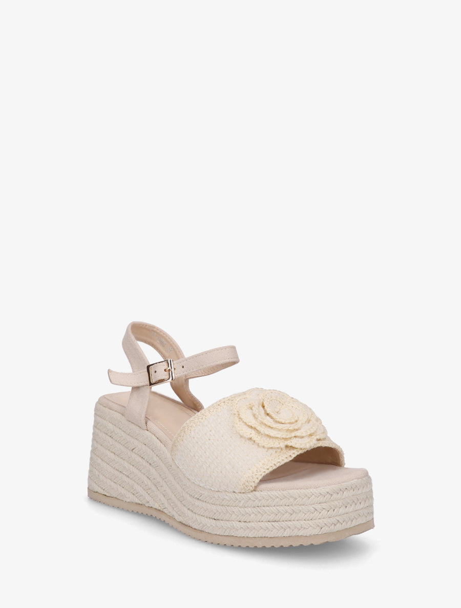 Sandales compensées à fleur - Beige - 2