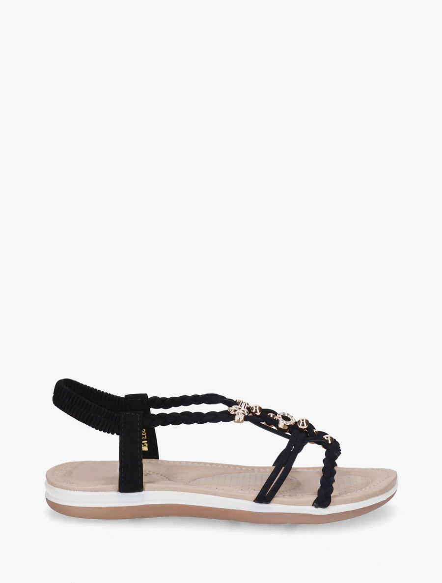 Sandales à empiècement bijoux et cheville élastiquée - Noir - 1