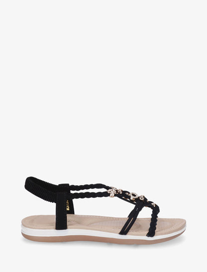 Sandales à empiècement bijoux et cheville élastiquée - Noir - 1