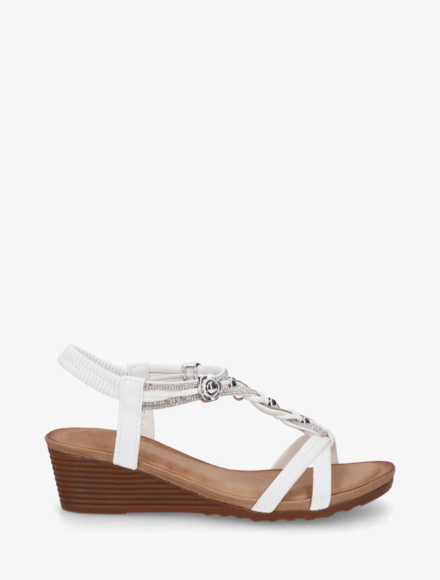 Sandales compensées à bride tressée à strass - Blanc - 1
