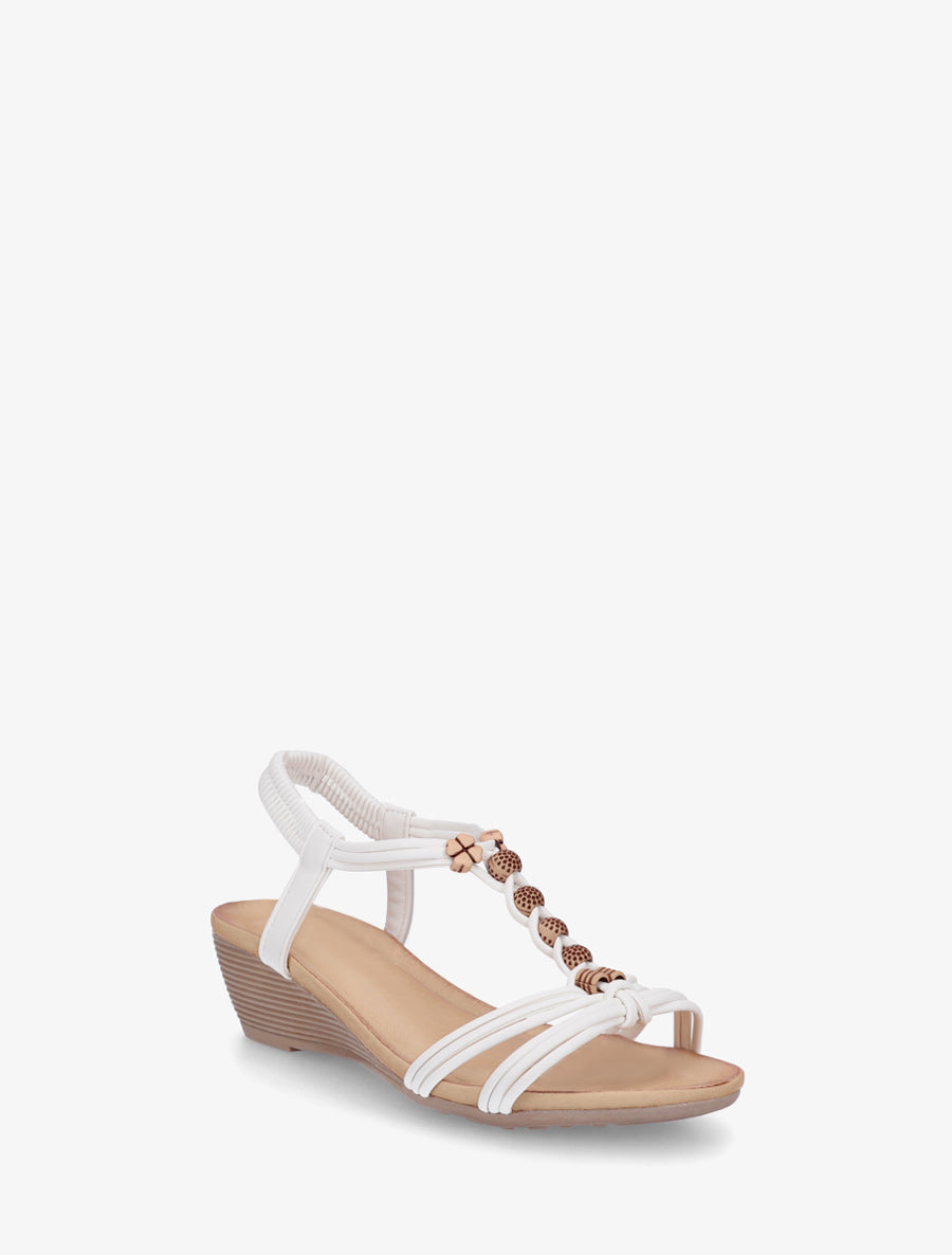 Sandales compensées à perles rondes et motif trèfle - Blanc - 2