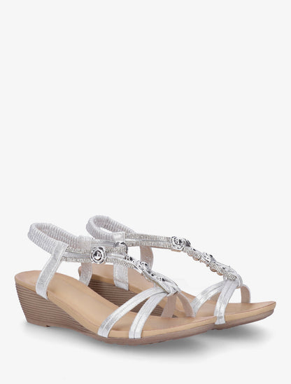 Sandales compensées à empiècement perles et strass - Argent - 4