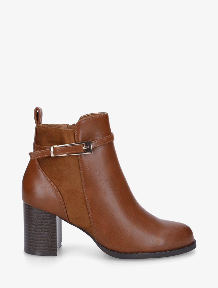 Bottines bi-matière à talon - Camel - 1