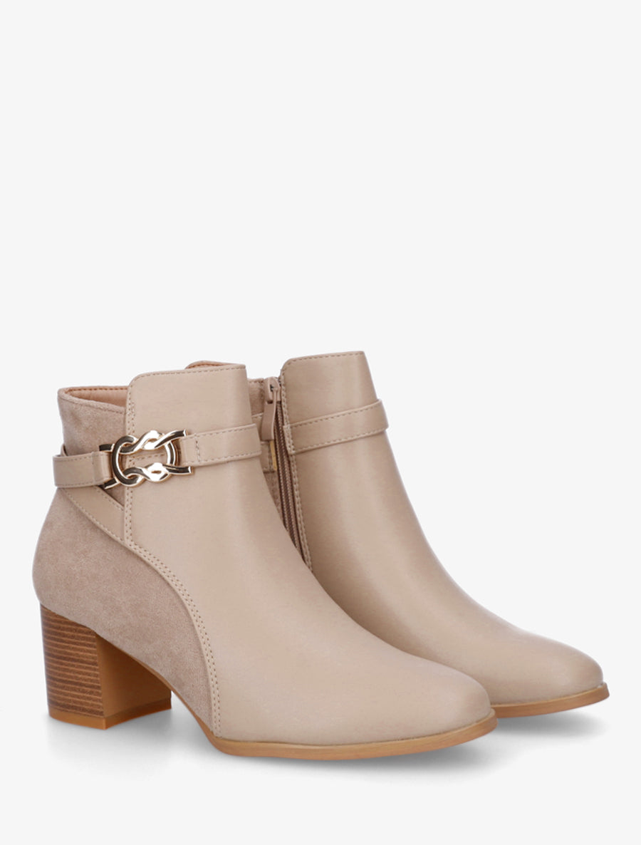 Bottines bi-matière à boucle métallique fantaisie - Beige - 4