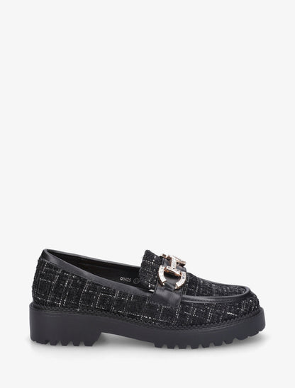Mocassins en tweed à boucle strassée - Noir - 1