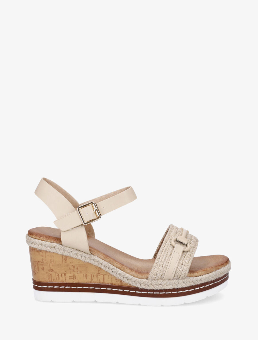 Sandales compensées à bride et tresse en raphia - Beige - 6