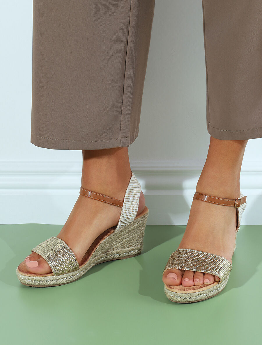 Sandales compensées à bride effet paille tissé - Or - 1