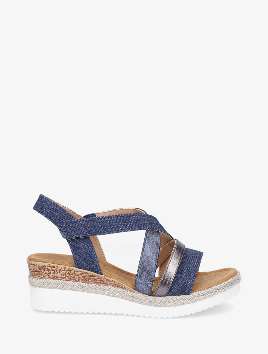 Sandales compensées en tissu à scratch - Bleu - 1