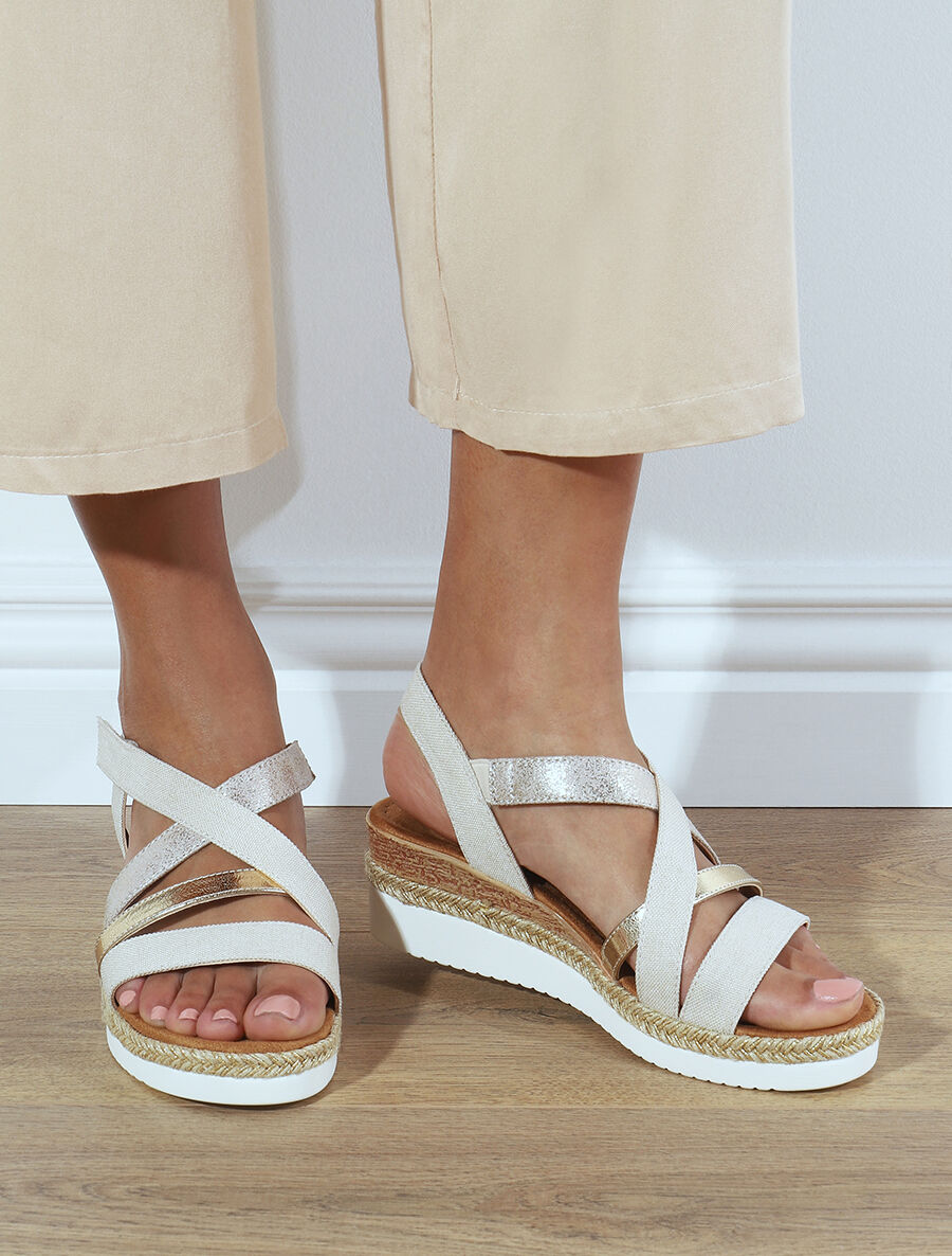 Sandales compensées en tissu à scratch - Beige - 1