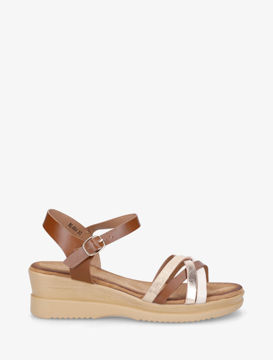 Sandales compensées à brides fantaisies - Camel - 1