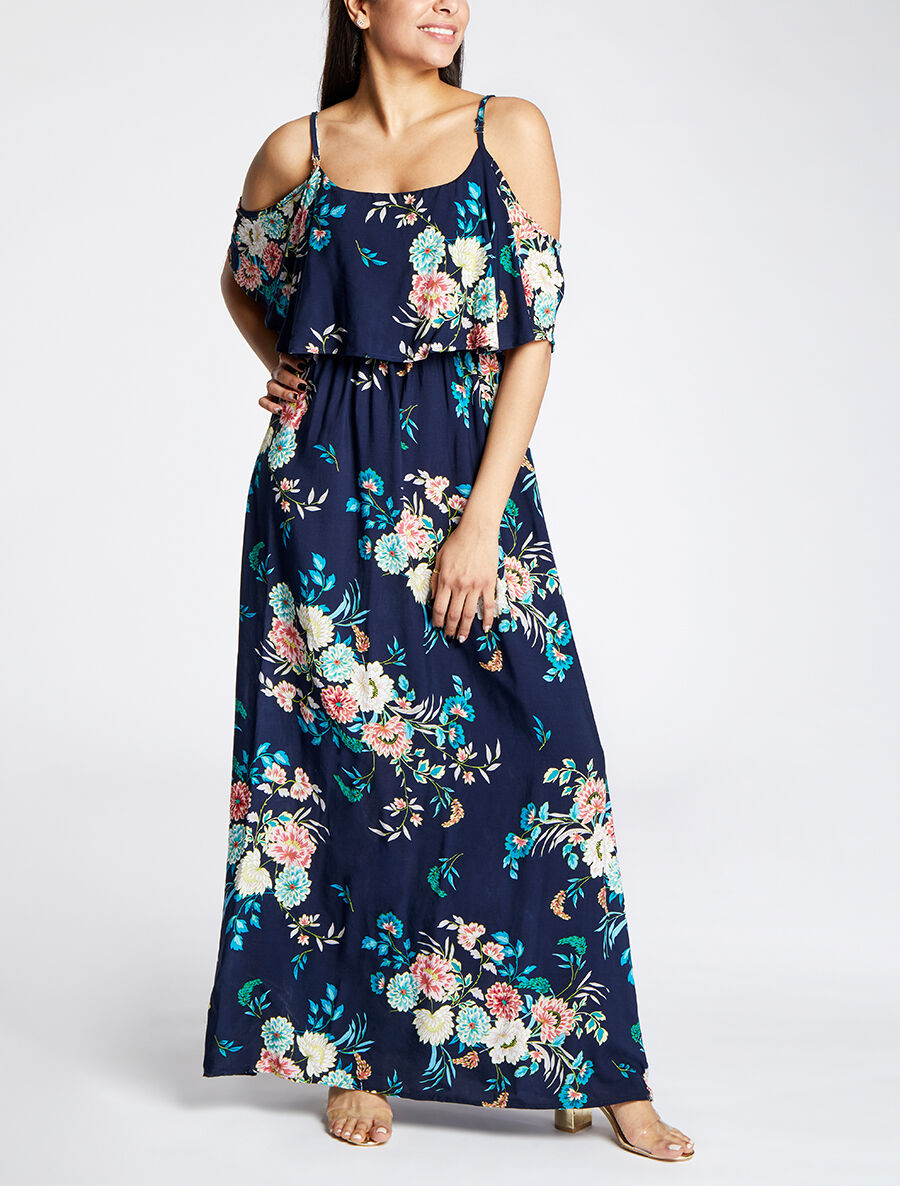 Robe longue à buste volanté imprimé bouquet baroque - Marine - 4